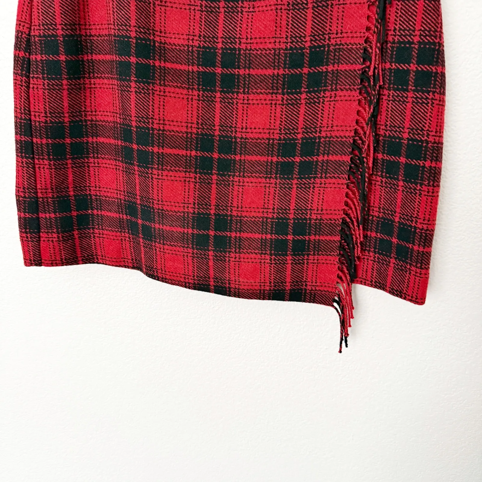 [LOFT] Red Black Tartan Plaid Wool Blend Fringe A-Line Wrap Mini Skirt Size 14 - Image 9