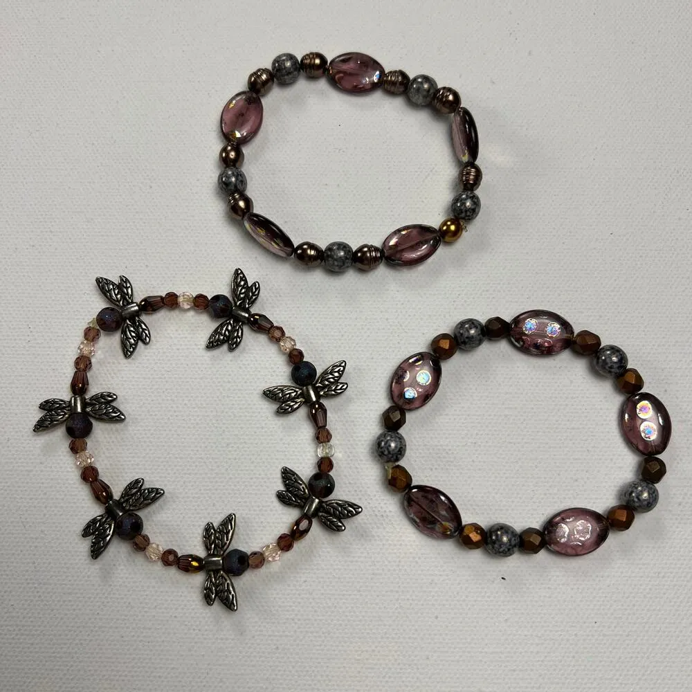Handmade Beaded Bracelet Trio Purples Browns Dragonfly Metals - Image 3