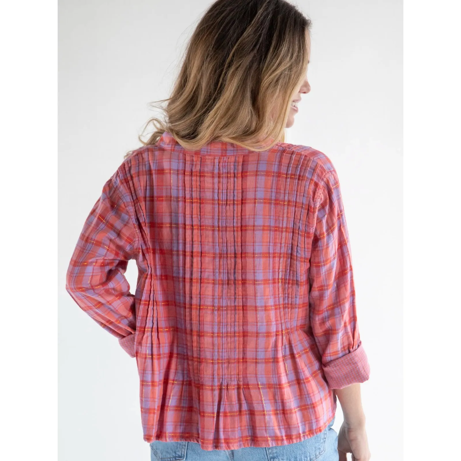 Natural Life Montana Pink Plaid Metallic Gold Thread Button Top Pintuck Small - Image 2