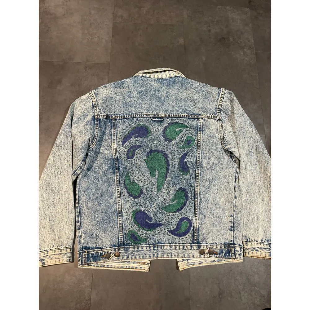 Vintage Denim Jacket with Paisley Print Acid Wash‎ Retro 90s Style B - Image 5