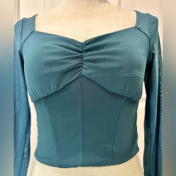 Green Fitted Crop Top with sheer sleeves Size XS - Image 2