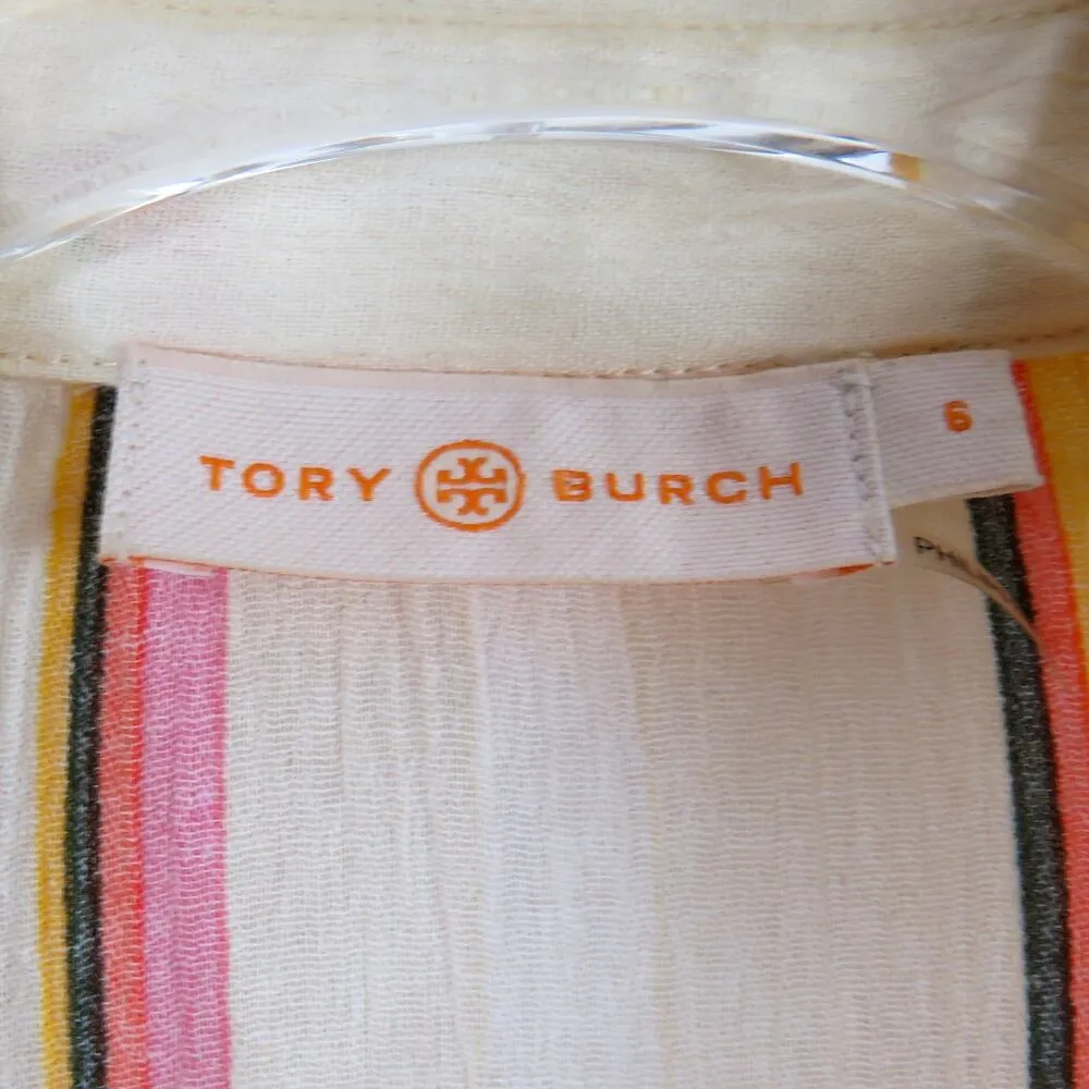 Tory Burch Canyon Stripe Cotton Shirt Size 6 Collared Multicolor Button Down - Image 10