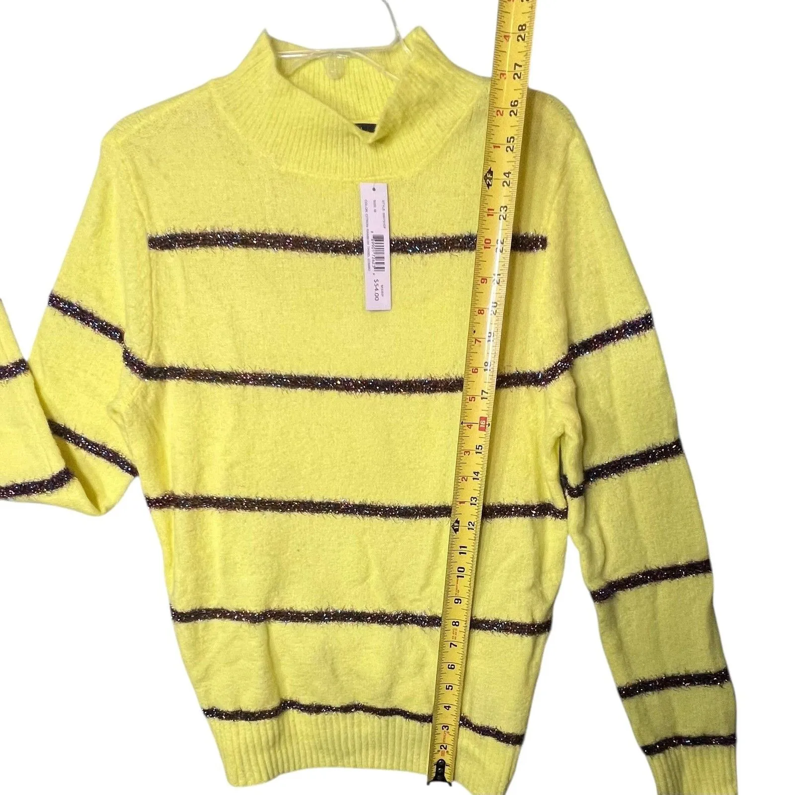 Tribekka 44 Sweater Womens Medium Citron Yellow Mock Neck Striped Rainbow Tinsel - Image 5