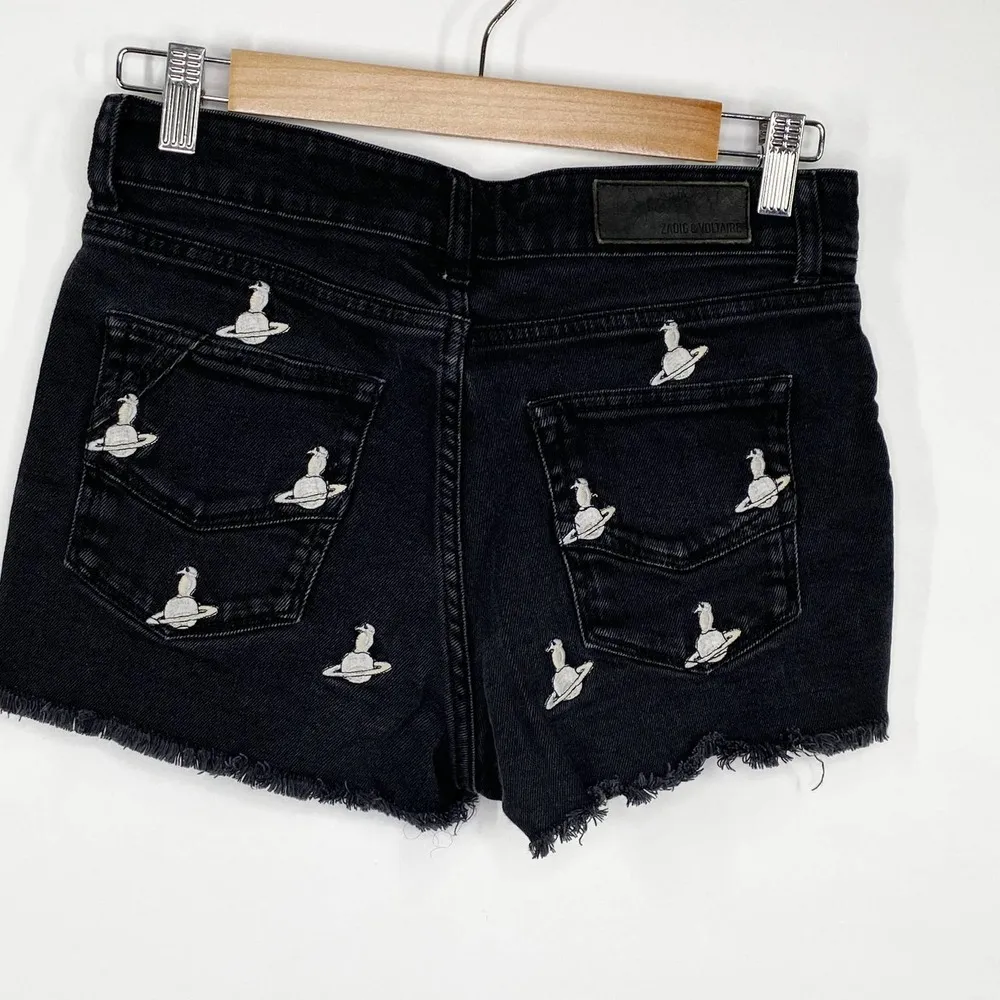 Zadig & Voltaire Black Bird Space Planet Embroidered Denim Shorts Womens Size 36 - Image 2