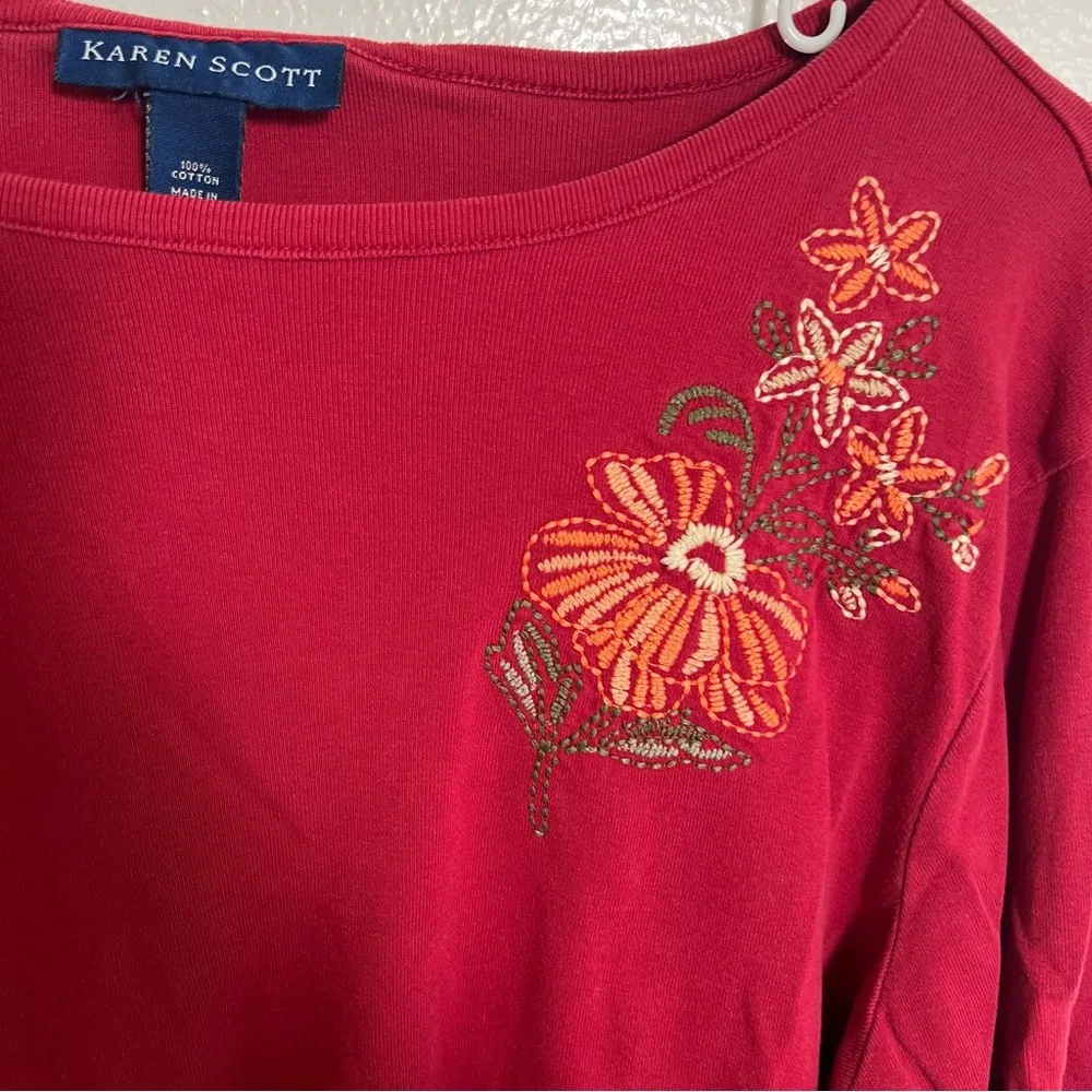 Karen Scott Boatneck T-Shirt Red Embroidered Floral L - Image 3