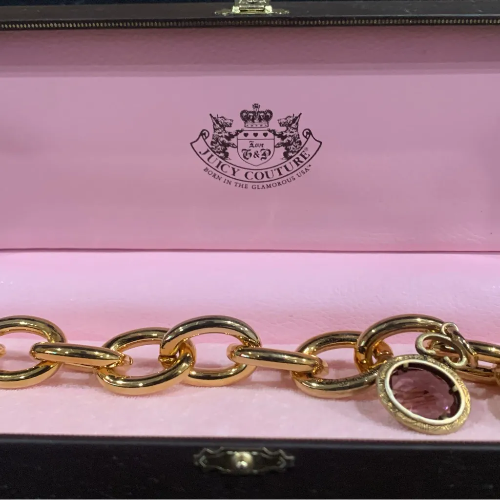 Juicy Couture Pam Gela Large Chain Link Bracelet with Red Emeral Charm Gold Tone - Image 6