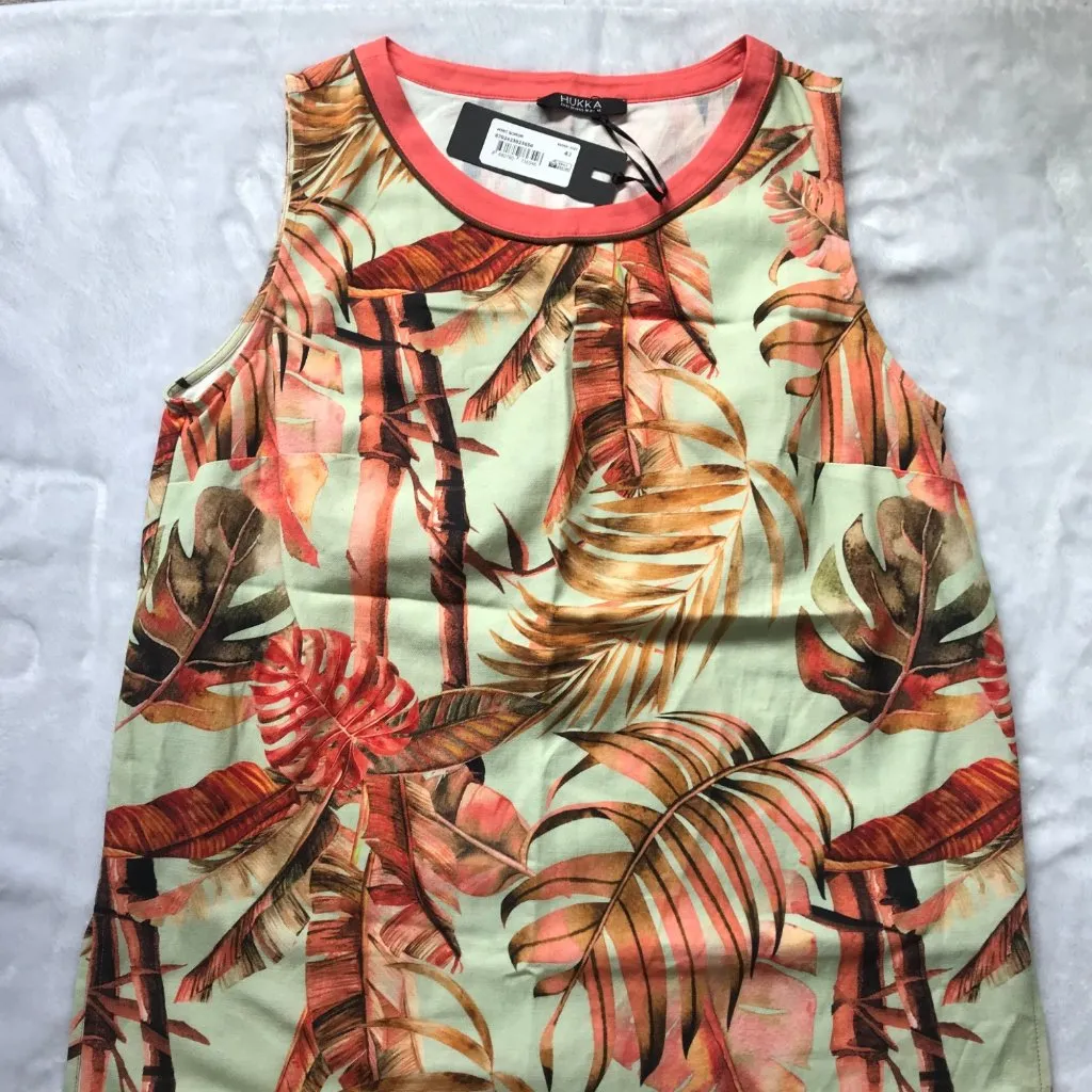 Hukka‎ Tropical Leaf Sleeveless Blouse Women's Size 10 Viscose, Linen Blend NEW Pink - Image 7