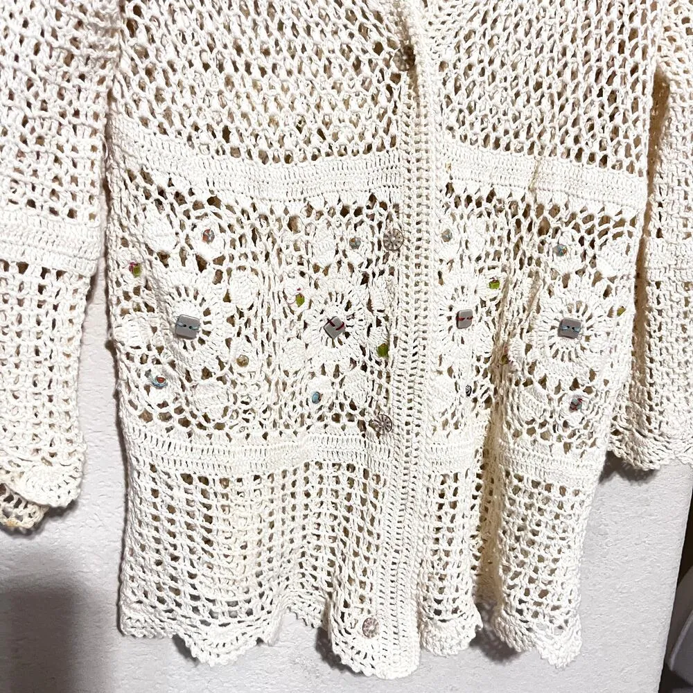 VTG Crochet cardigan sweater open knit beige ivory beaded sz Small - Image 3