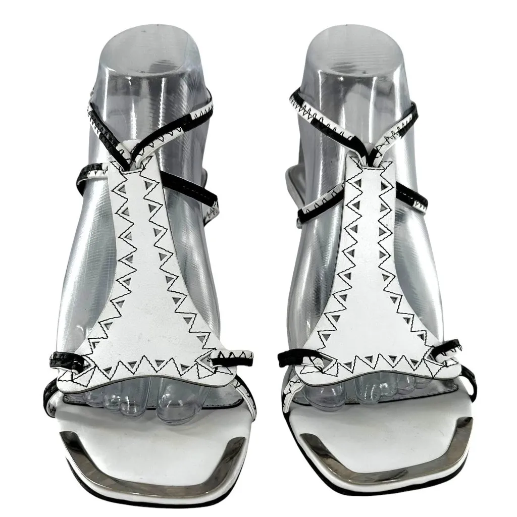 Stuart Weitzman Netta White and Black Leather Cut Out Sandals Heels Size 9 M - Image 3