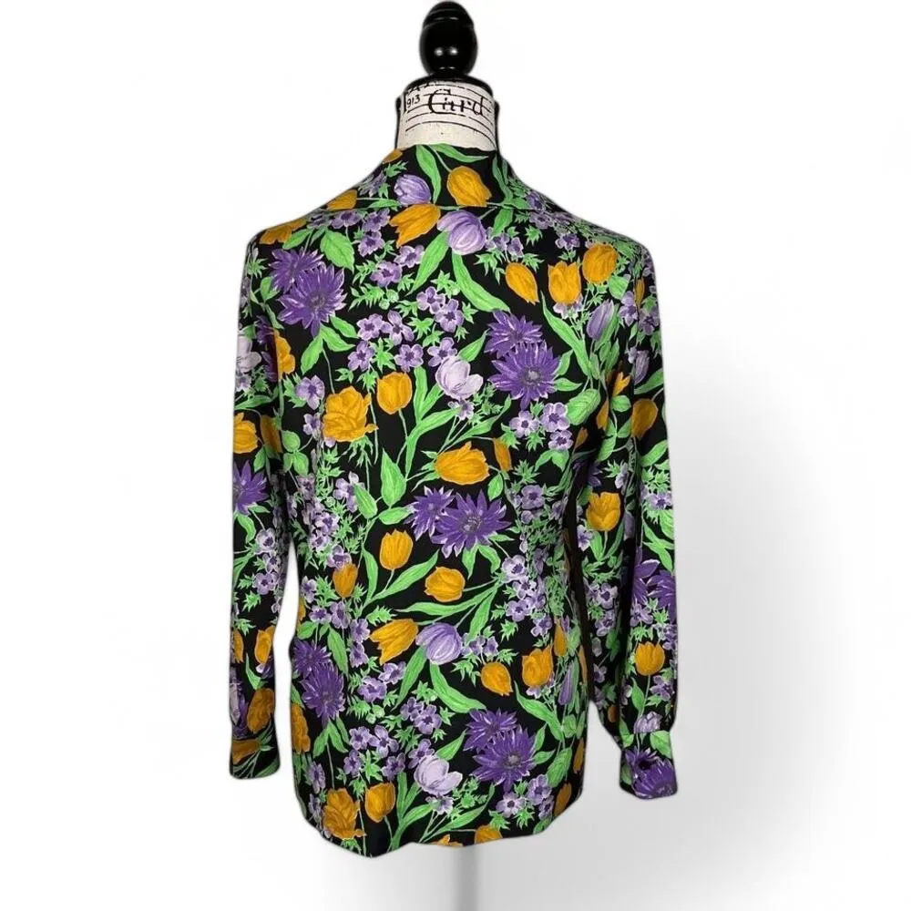 1970s Floral Print Blouse Le Soft Shirt Lady Manhattan Glows in UV Blacklight Orange Size 14 - Image 3
