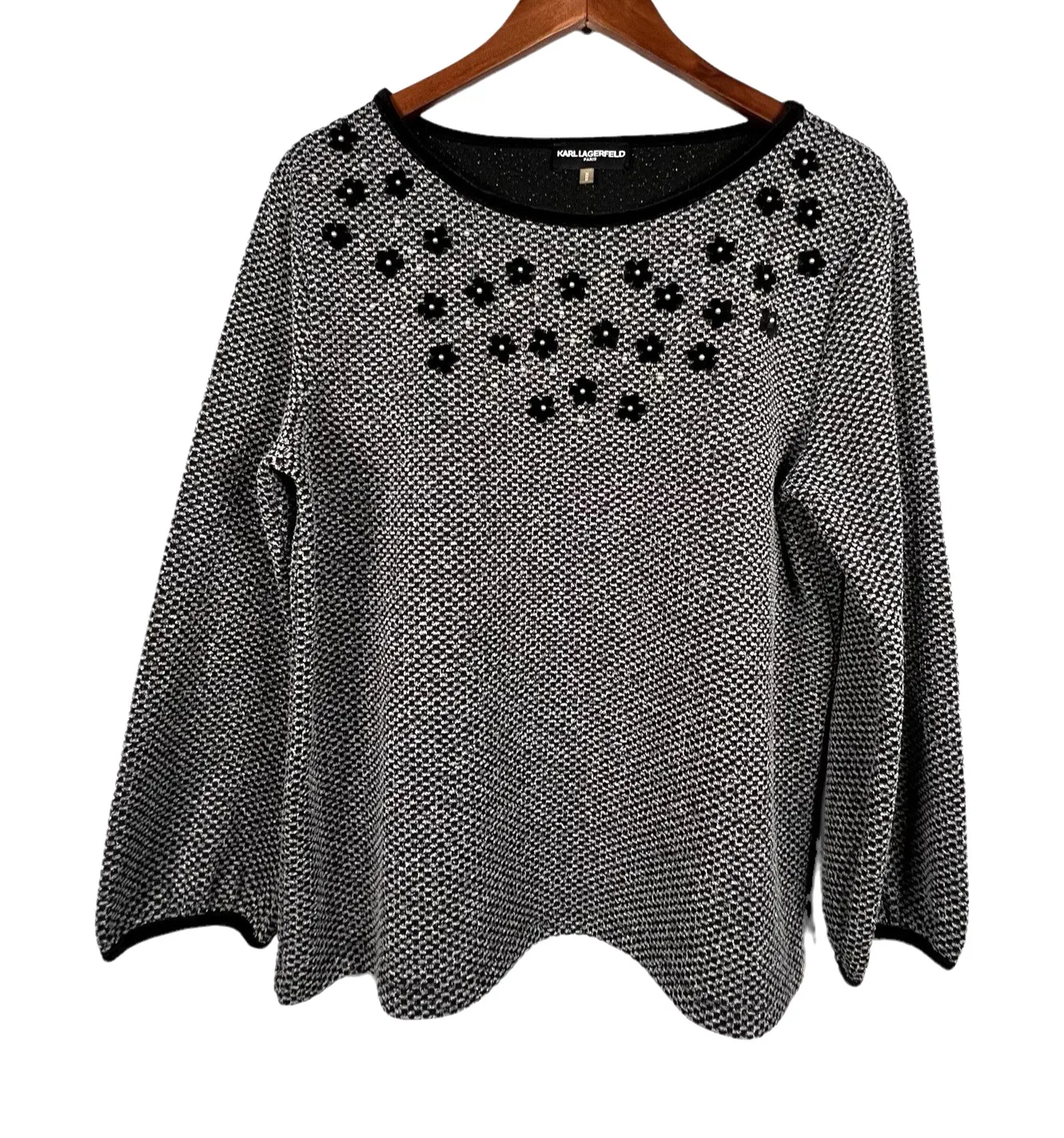 Karl Lagerfeld Paris Womens Black and White Embellished Top Size Medium - Image 1