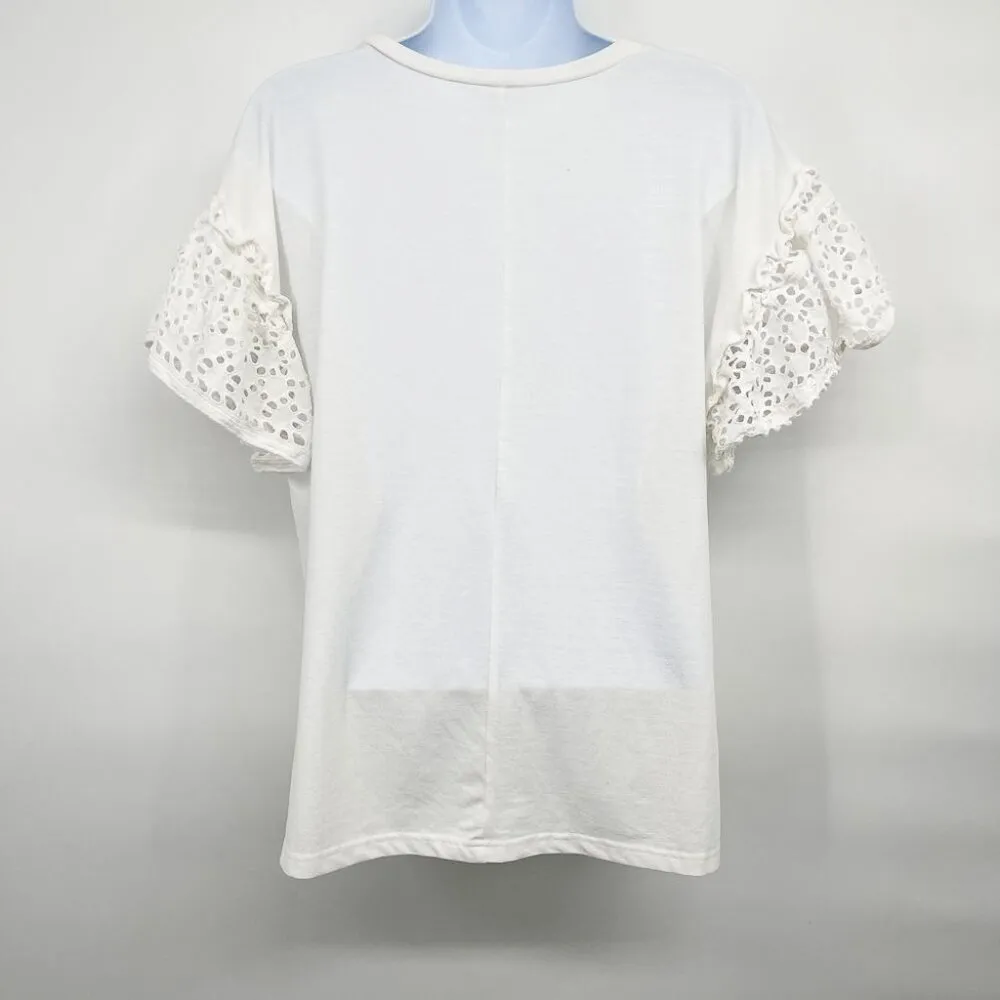 Eyelet Ruffle Flounce Sleeve Blouse Shirt Top Solid White Tee T-Shirt Large - Image 3