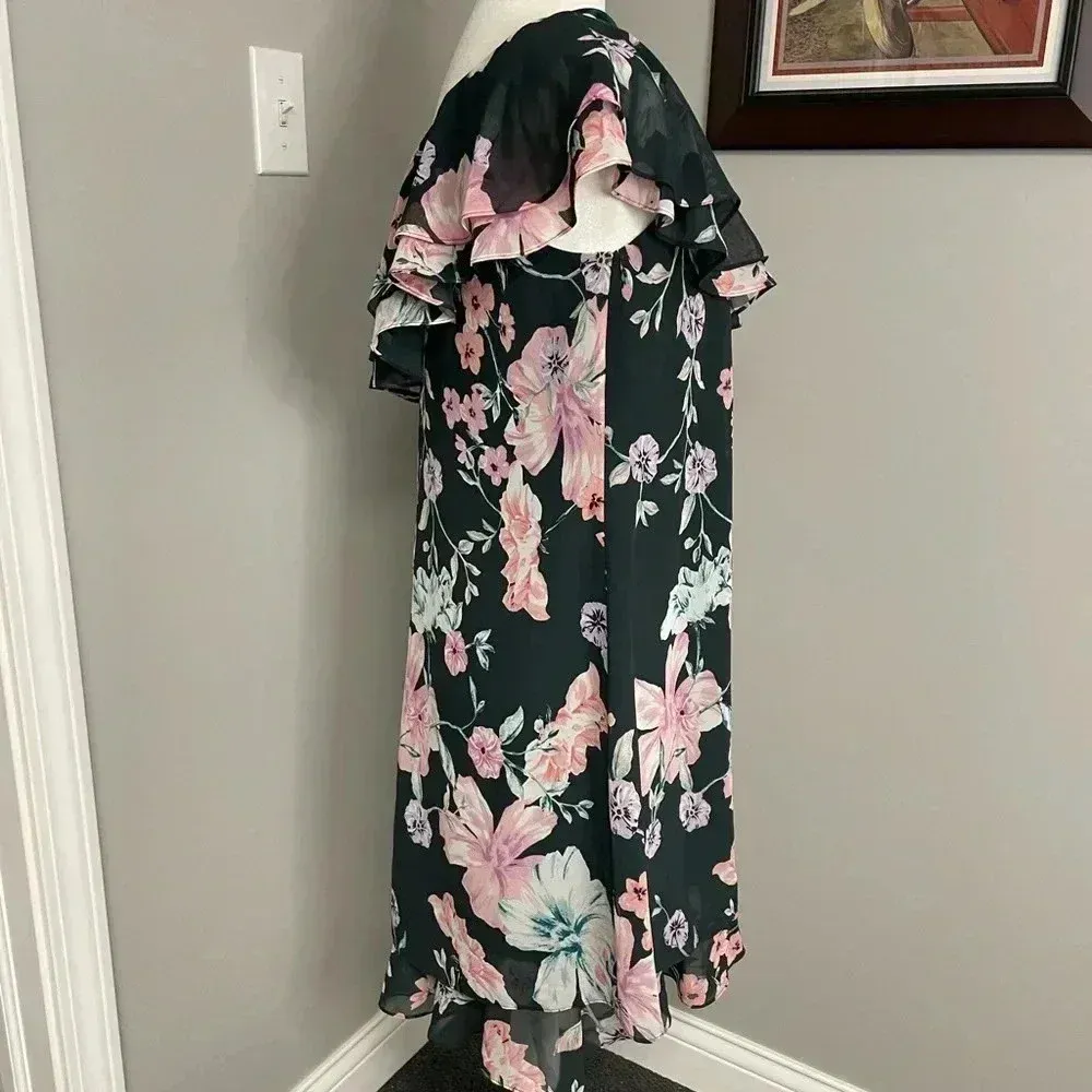 Eliza J Floral One Shoulder Ruffle Shift Dress NEW Green Pink Ruffle Feminine - Image 4