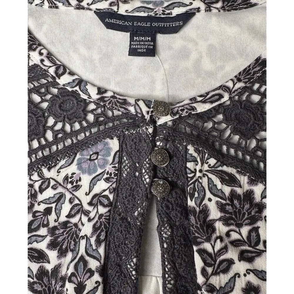 American Eagle Blue White Floral Dress Beach Cover w/Lace Tassel Waist Tie Sz M - Image 8