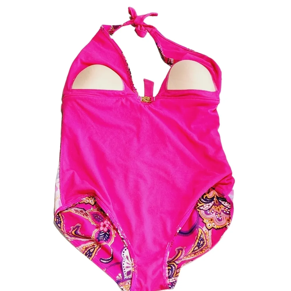 JACLYN Smith Plus Size Pink Paisley One Piece Tie Backs Swim Suit Size 14 - Image 7