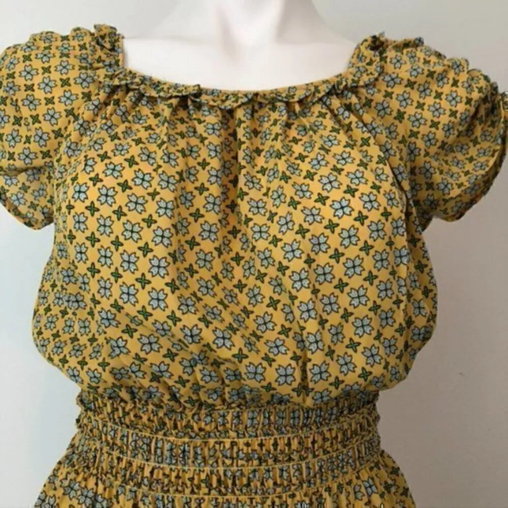 NEW NWT MAX STUDIO Floral Smocked Waist Top Yellow Blue Short Sleeve Cottagecore - Image 5