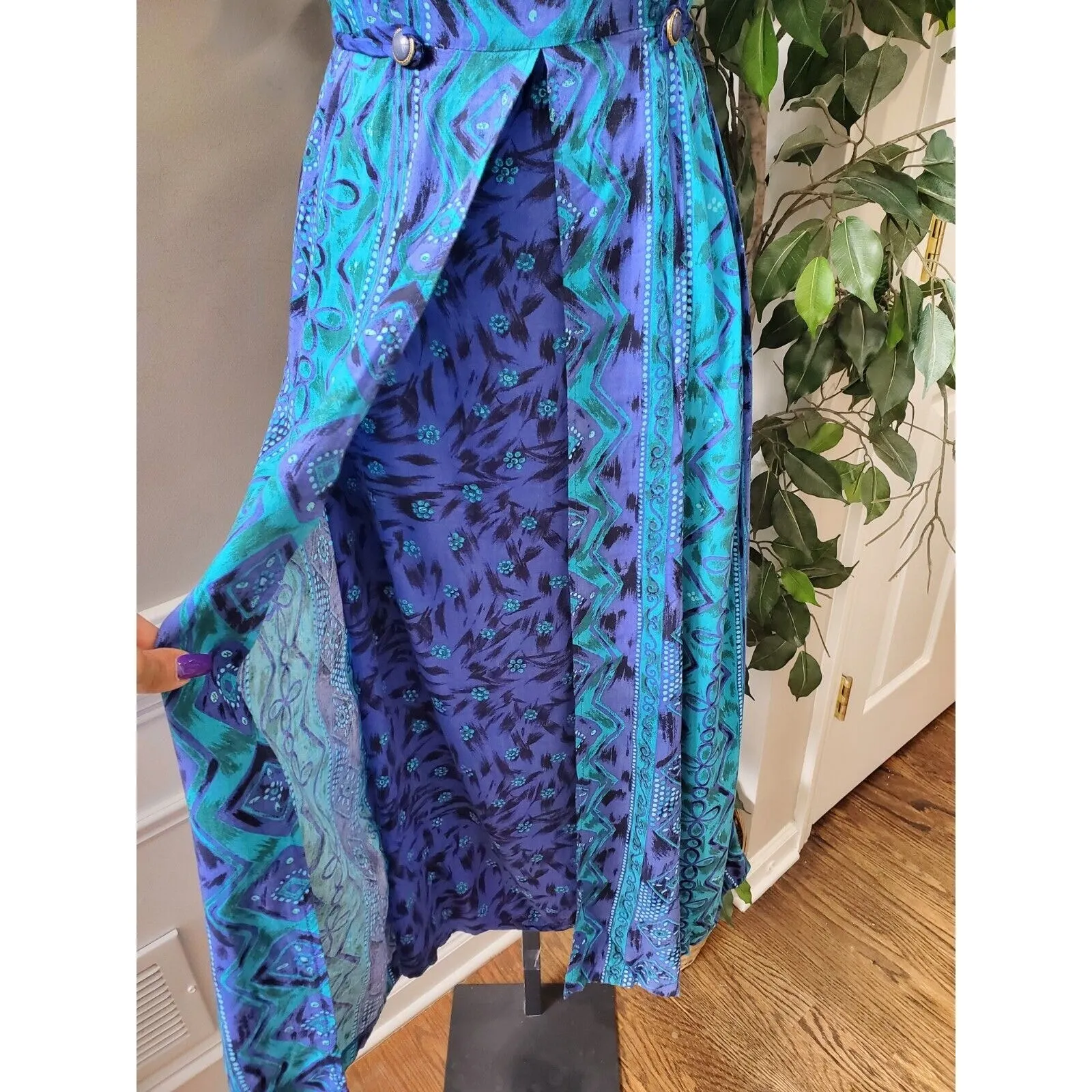 Vintage Coco Bianco Blue 100% Rayon Round Neck Short Sleeve Maxi Dress Size 12 - Image 5