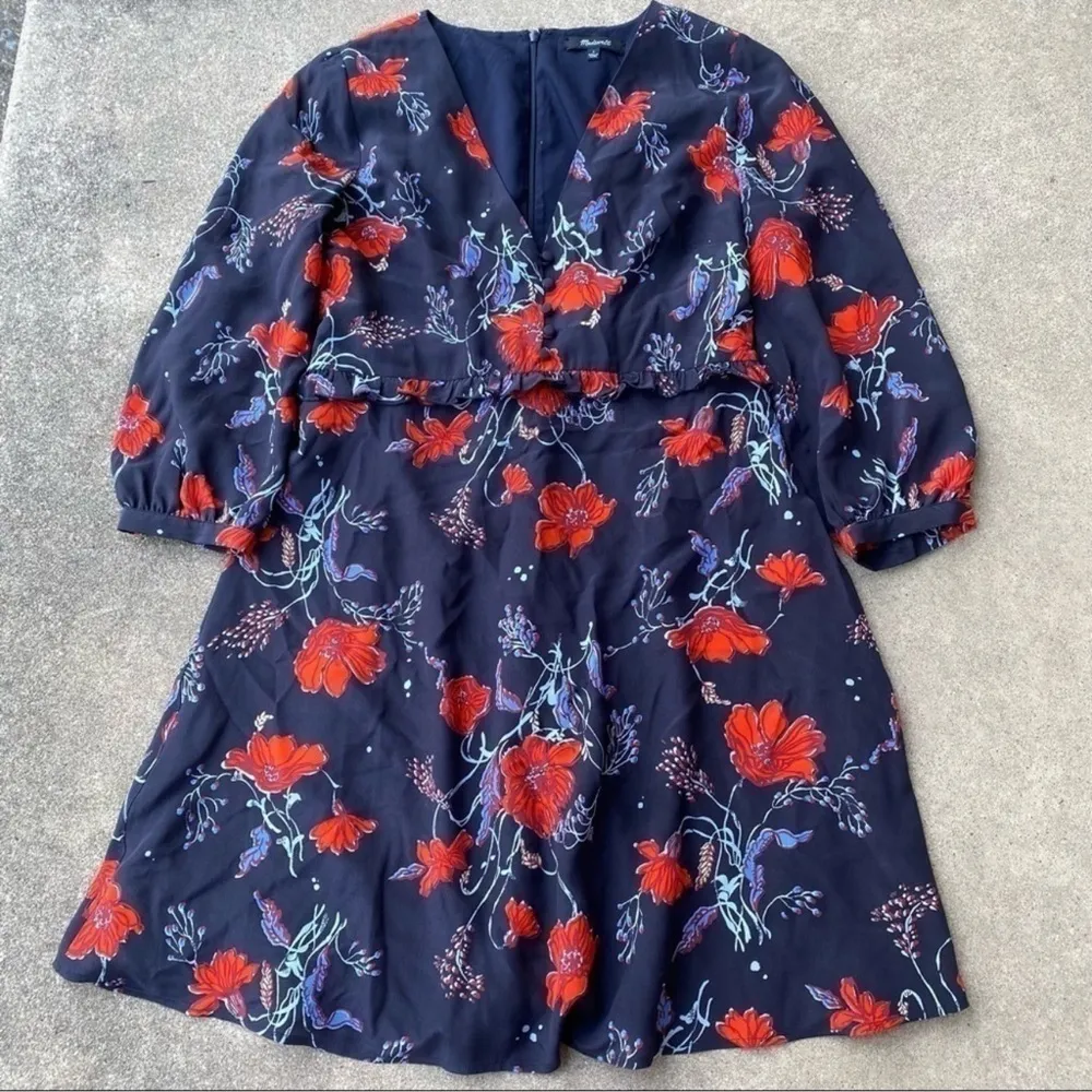 Madewell Silk Ruffle Waist Dress in Windblown Poppies Navy Women’s - Image 9