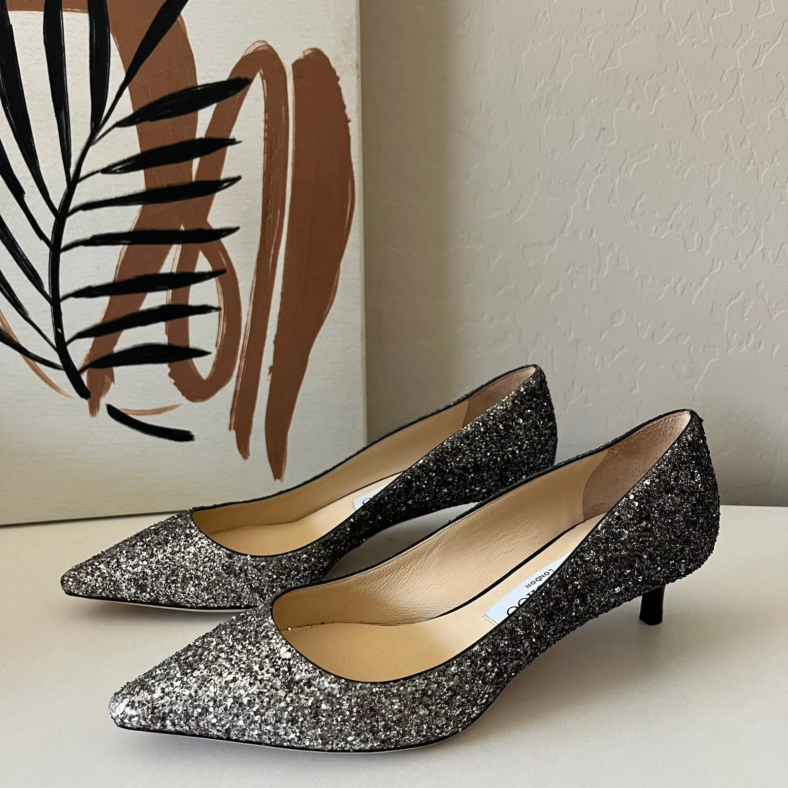 Jimmy Choo Romy Silver Glitter Pointed Toe Slip On Kitten Heel Pumps Size 37 - Image 4