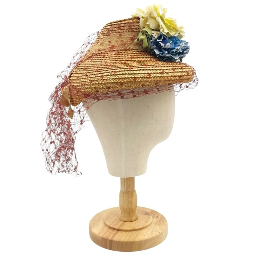 Vintage 1950s Straw Hat w/ Veil & Flowers Cream & Blue Millinery Fascinator Net - Image 7