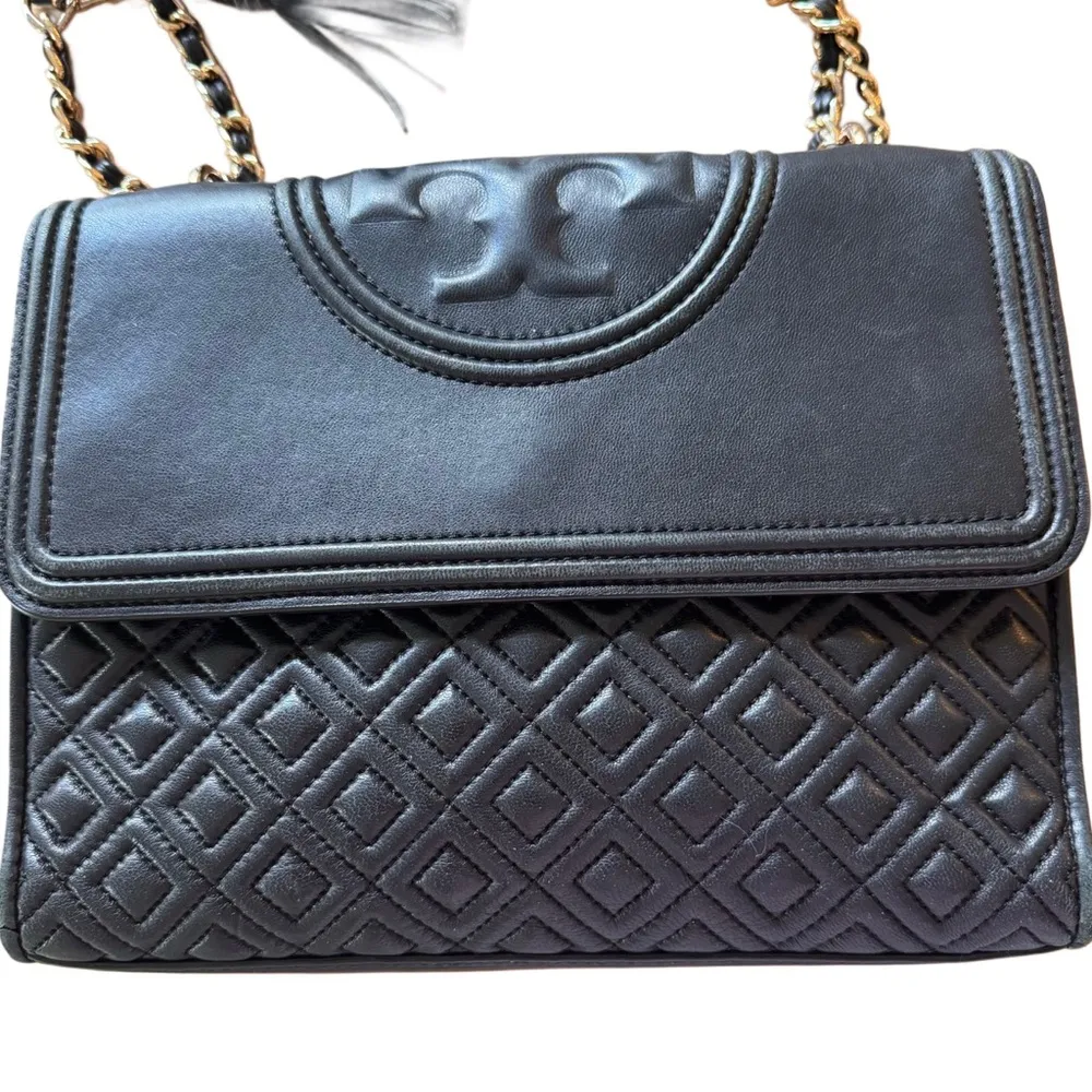 Black Tory Burch Fleming Convertible Bag Quilted Leather Crossbody or Shoulder - Image 3