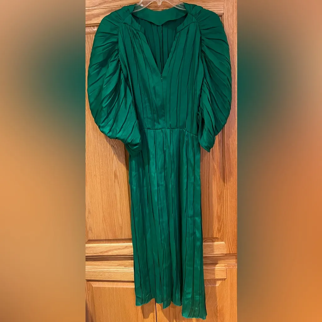 ZARA Green Pleated Satin Midi Dress Balloon Sleeves RARE Bloggers Fav Size‎ XS - Image 11
