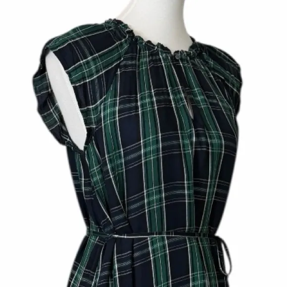 LOFT Green Navy Blue Plaid Cap Sleeve Keyhole Belted Shift Dress Women’s Size 6 - Image 8