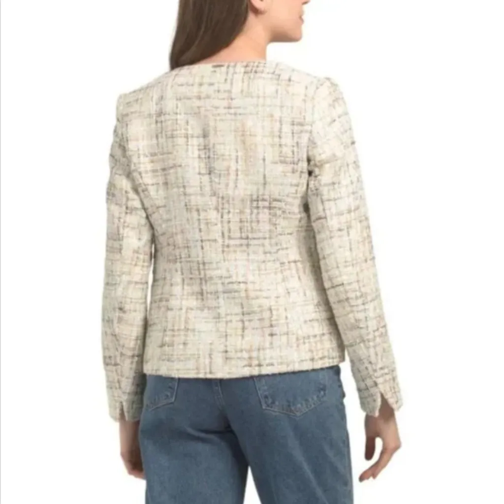 Anne Klein - Latte Lined Tweed Sequin Plaid Tulip Cut Slit Sleeve Blazer Size 12 - Image 2