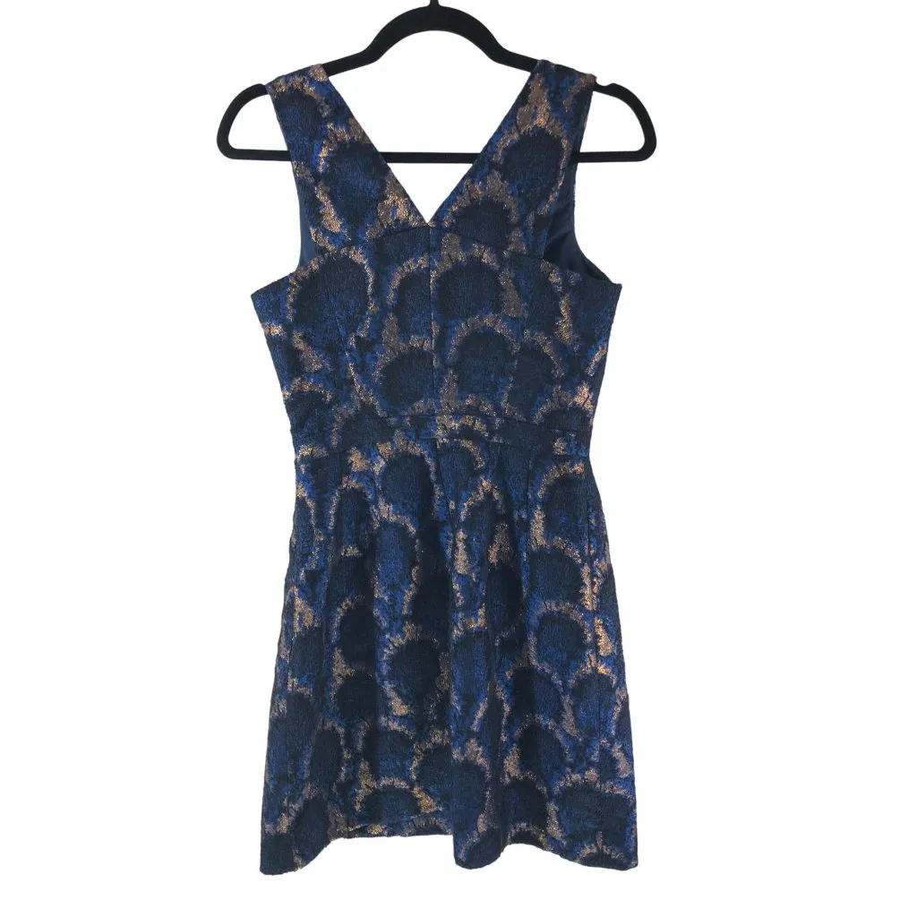 J Crew Peacock Jacquard Dress Sleeveless V Neck Pleated Lined Blue Gold 0 - Image 2