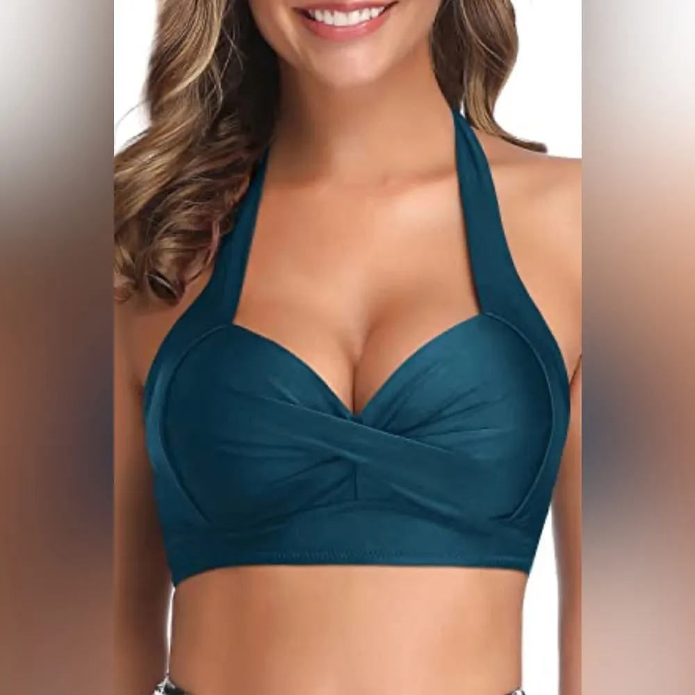 NWT Tempt Me Teal Vintage Swimsuit Retro Halter Ruched High Waist Bikini Set - Image 2