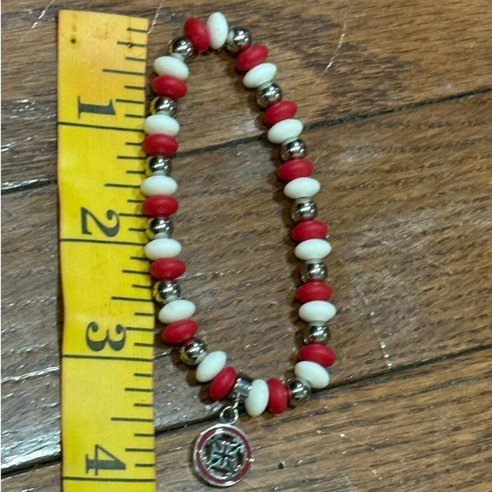 Rustic Cuff Red, White , & Silver Beads Stretch Bracelet Stackable logo charm - Image 10