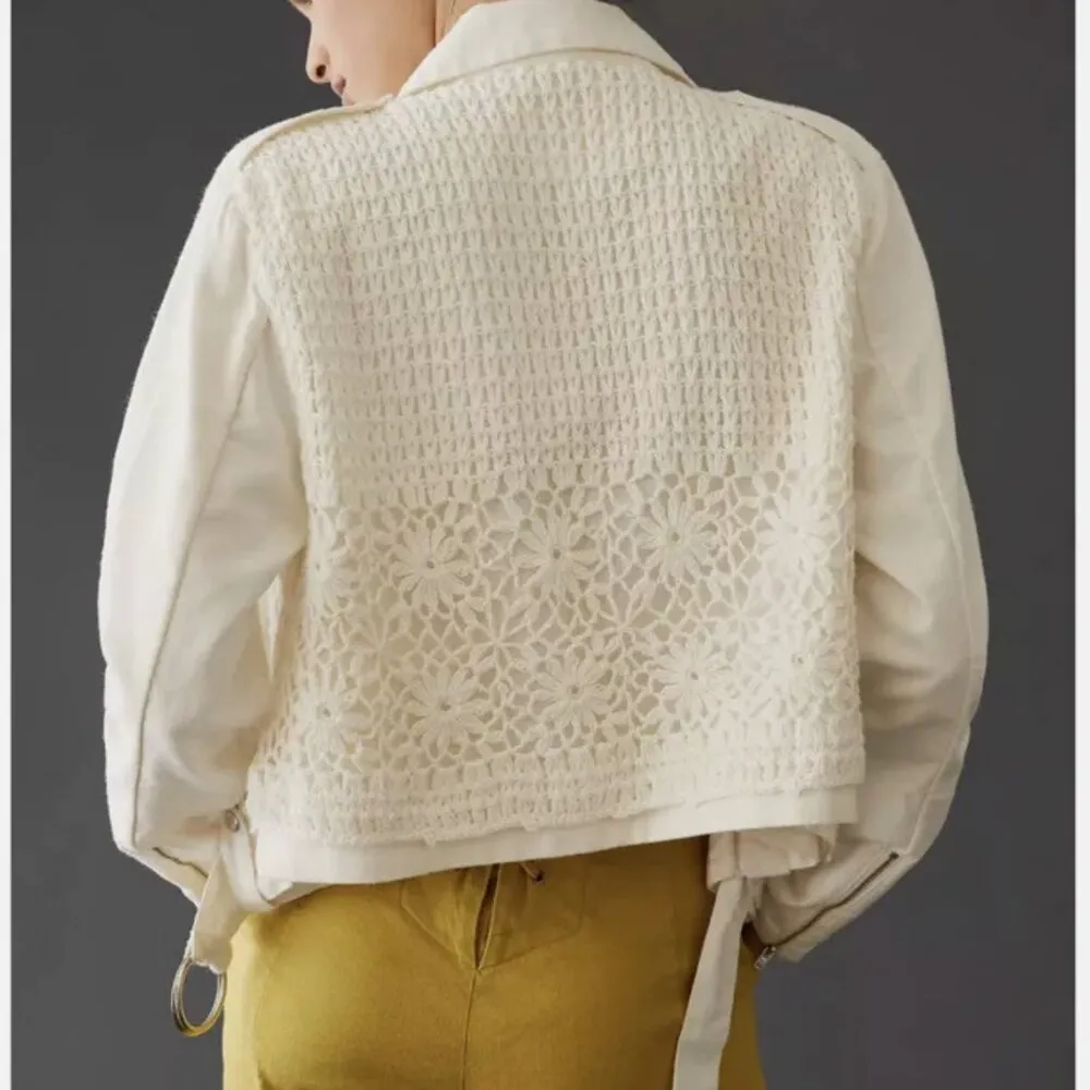 Anthropologie Crochet Canvas Moto Jacket White (xsmall) preppy floral crop work - Image 4