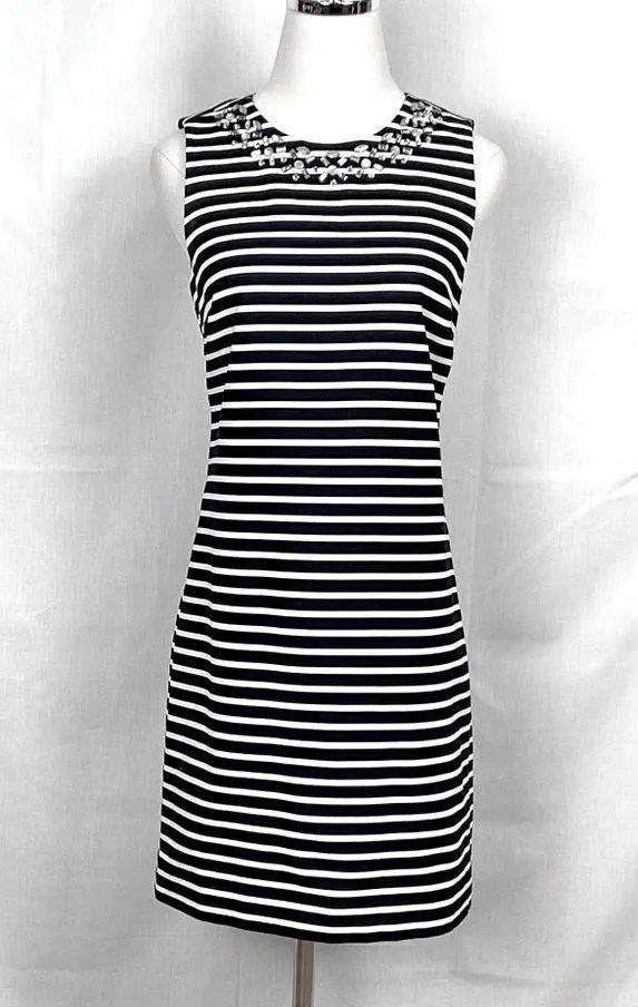 J CREW Embellished Sleeveless Sheath Dress Navy & White Stripe Sz 0 - Image 4