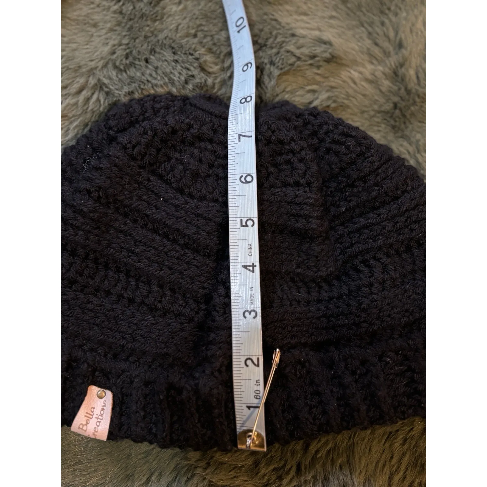 Handmade Crocheted Knit Ponytail Beanie Black Adult Size Logo Bella Creations - Image 4