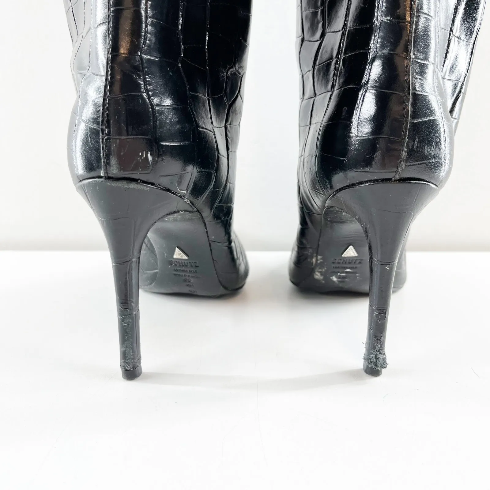 Shutz Maryana Knee High Croc Embossed Stiletto Heel Boots Black 6 - Image 6