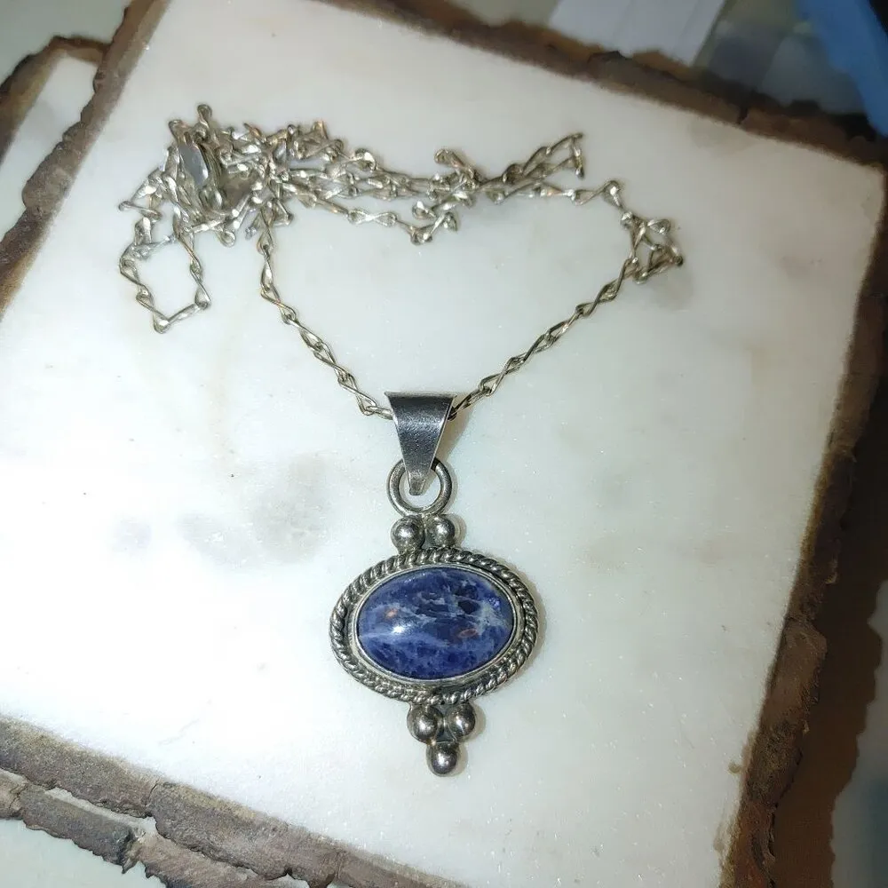 Lapis Oval Pendant 925 Necklace 15.51g Sterling Silver Mexico Vintage - Image 7