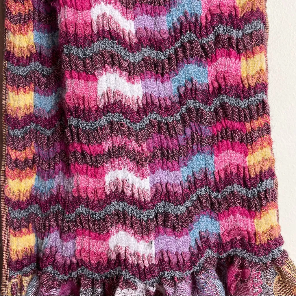 Boho Knit Jacquard Floral Ruffle Scarf Mixed Pattern Fringe Pink Multicolor - Image 8