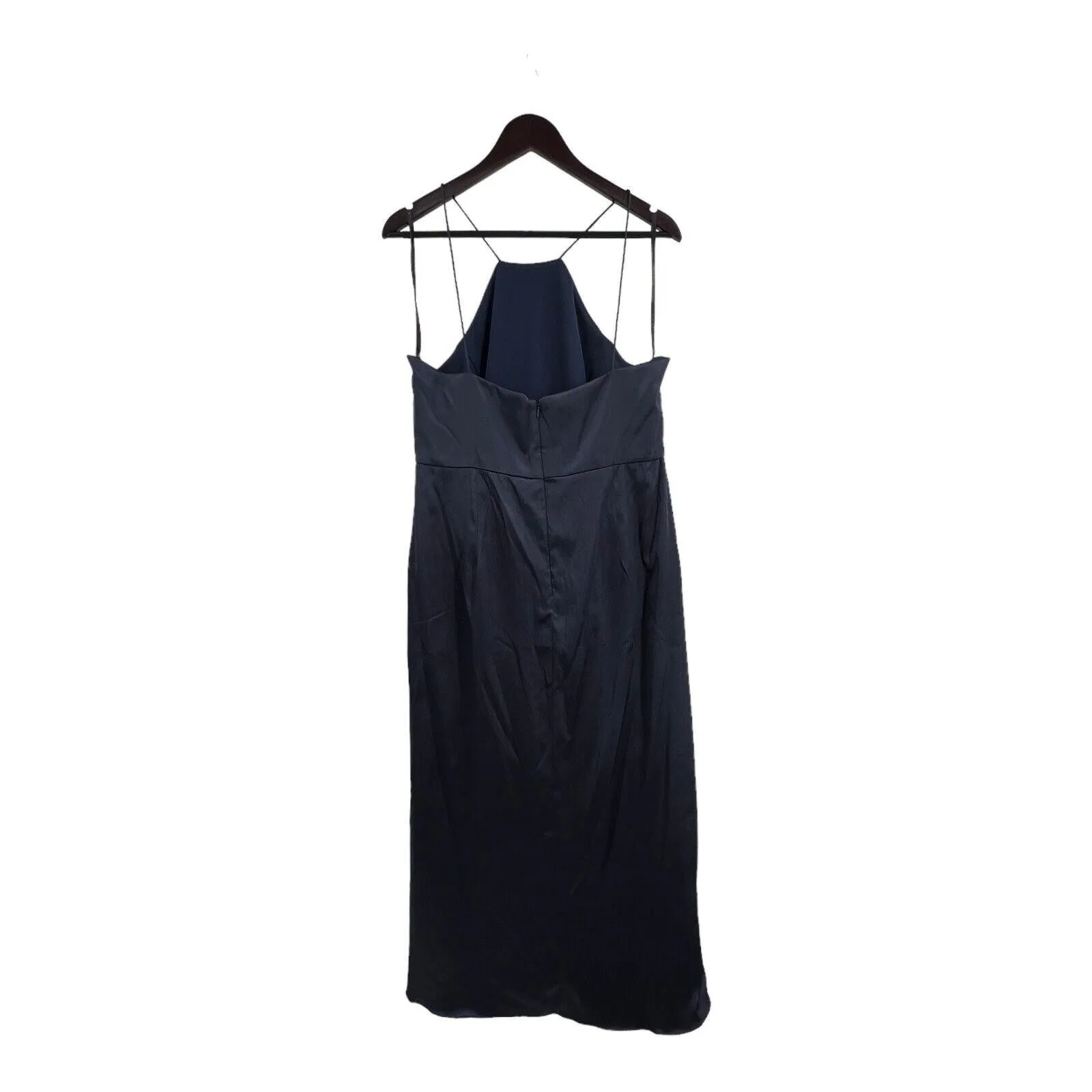 After Six Halter‎ Midi Dress With Draped Tulip Skirt Navy 16 New - Image 5
