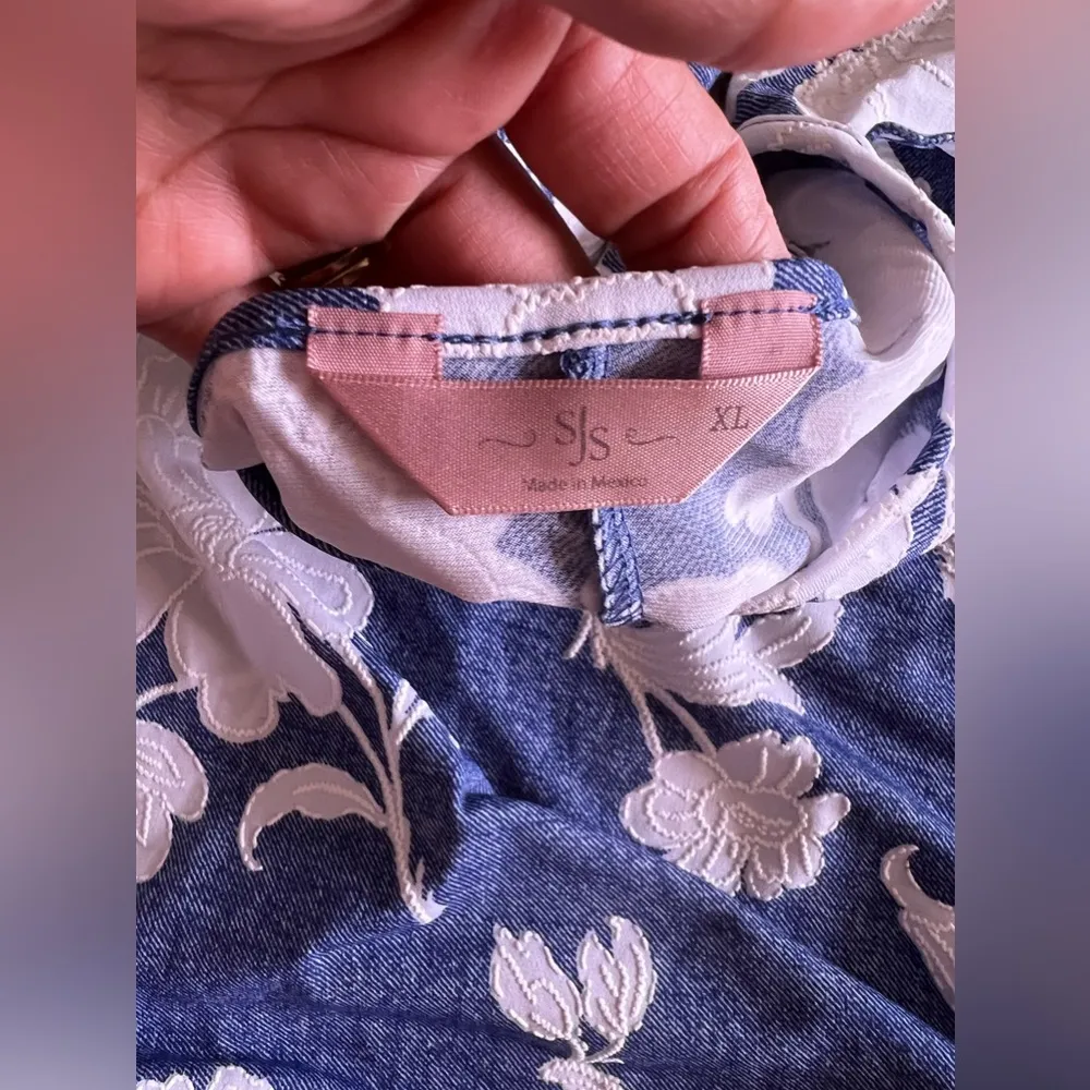 SJS blue tunic dress with white floral design and embroidery XL - Image 15