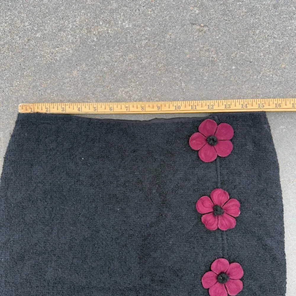 Vintage 90s Betsey Johnson Black Felted Floral Pencil Skirt Fringe Edge LARGE - Image 6