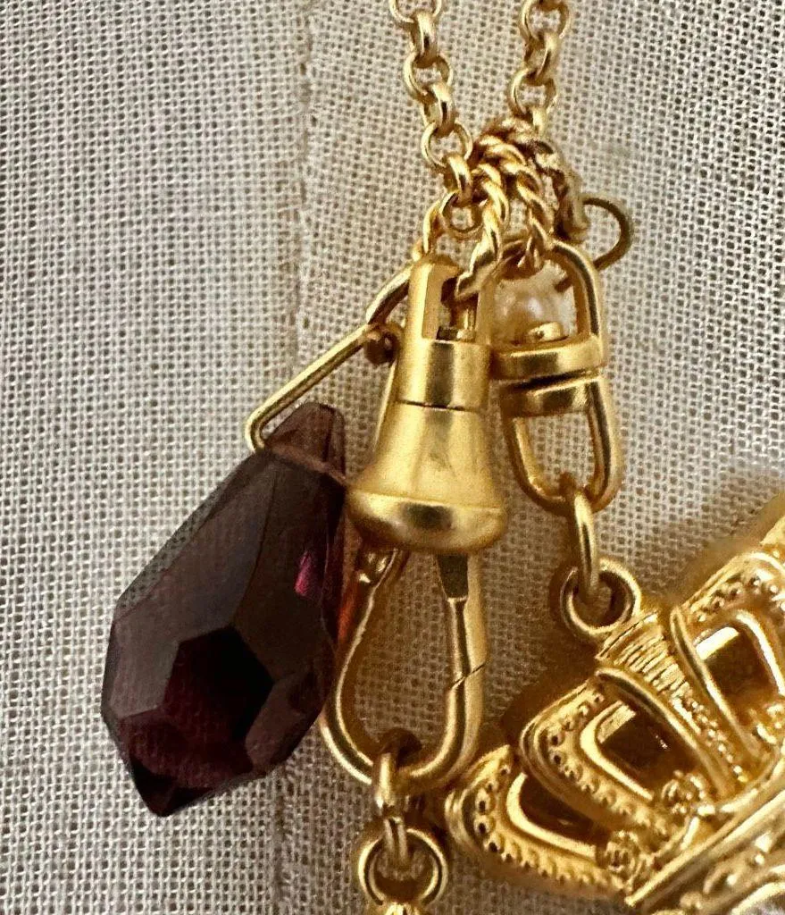 Mud Pie Gold Tone Charm Necklace Crown Key Fleur-de-Lis Purple Crystal - Image 4