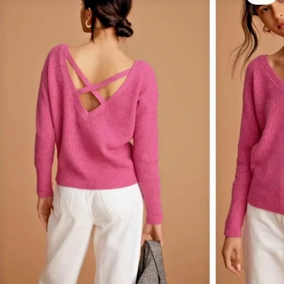 Anthropologie Maeve Pink Waffle Knit Cross Back Sweater Women’s XXS - Image 2