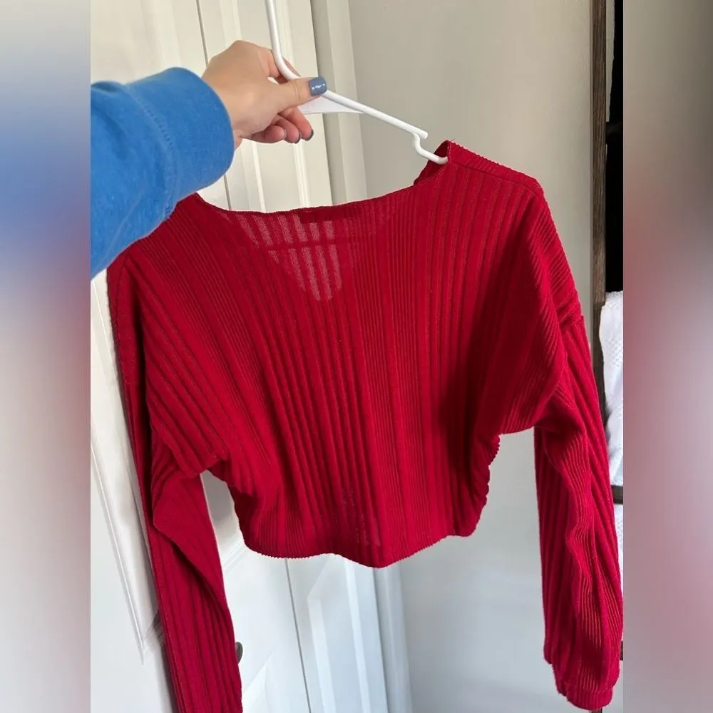 SHEIN Red‎ Ribbed Knit Cropped Top Long Sleeve V Neck Collar Size S Red - Image 2