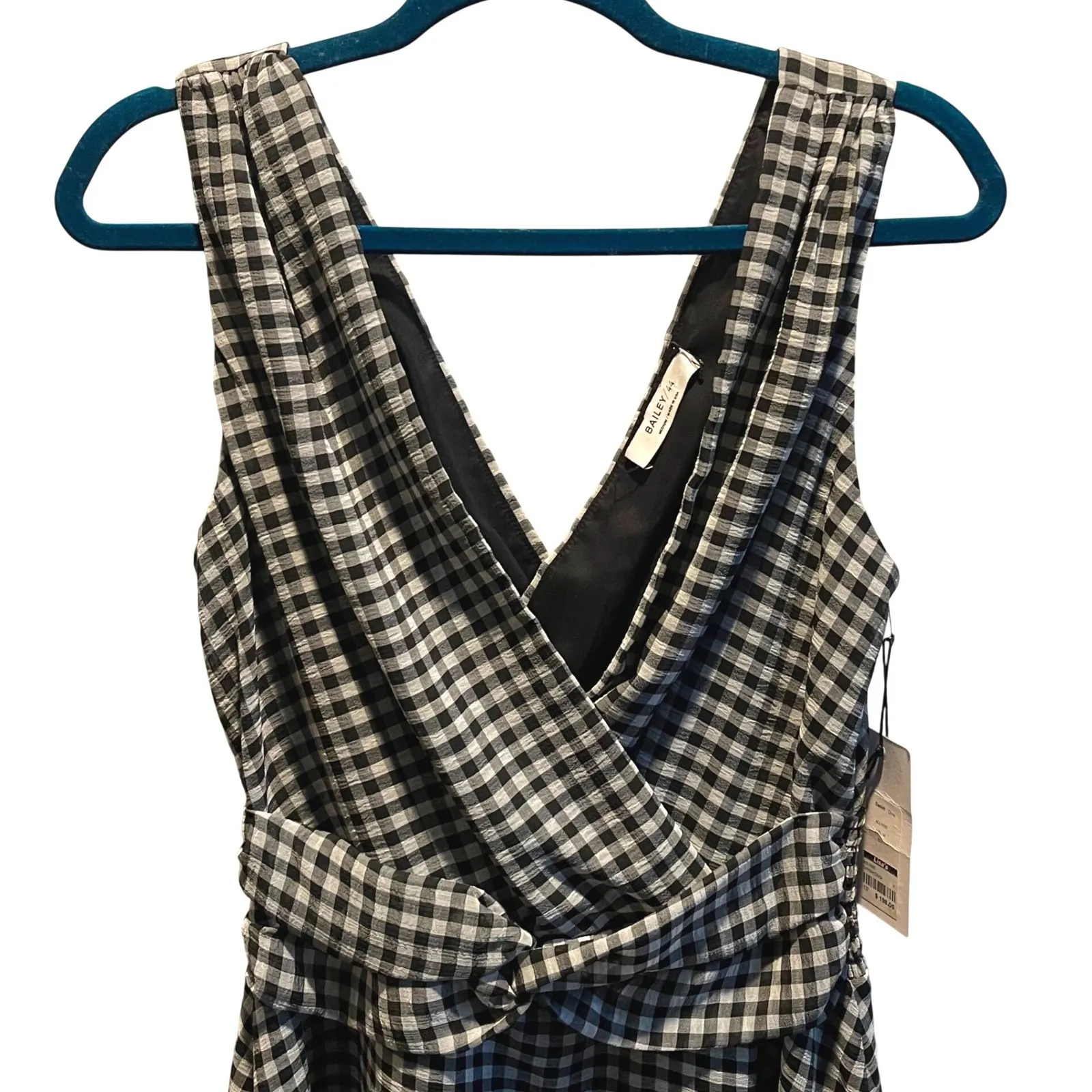 BAILEY 44 Black White Gingham V Neck Twist Knot Smocked Waist Midi Dress Medium - Image 4