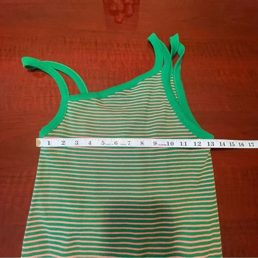 ZARA Asymmetric Bodycon MIDI Cotton Dress Green Pink striped Sz L - Image 7