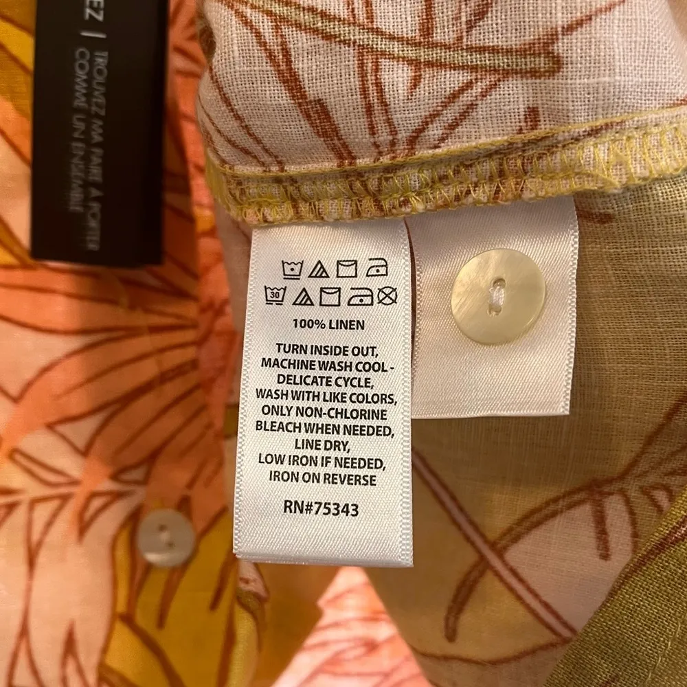 Tahari Yellow Palm Print Linen Button Front Tank Top Size Large - Image 5