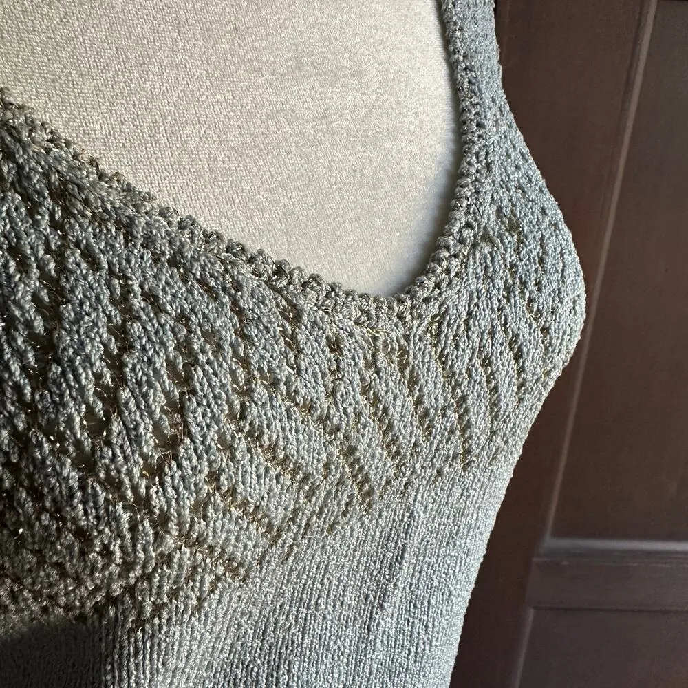 1960s VINTAGE | Unique Light Blue and Gold Knit Long Sleeve Gown | Aprox Small - Image 4