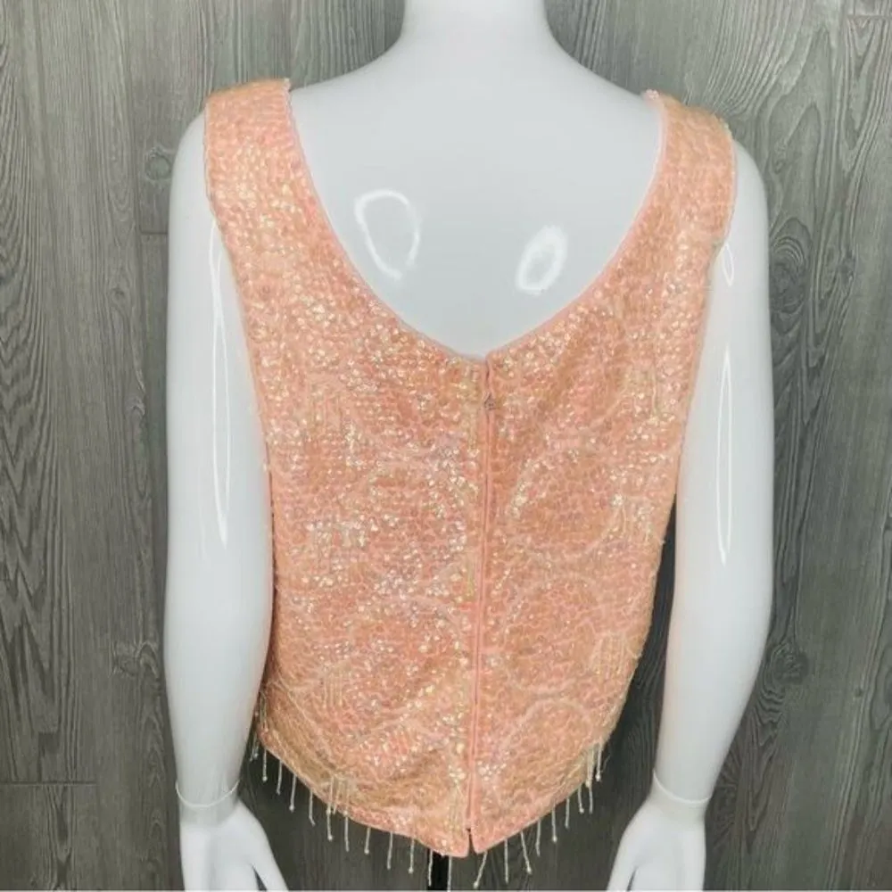 Vintage 1960s pink beaded sequin tassel fringe silk shirt barbie core sleeveless - Image 6