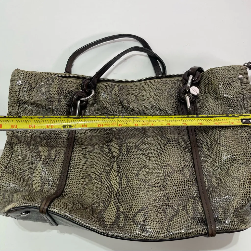 Tumi Snake Print Large Tote Shoulder Handbag Leather Trim Chain Organization Brown - Image 5