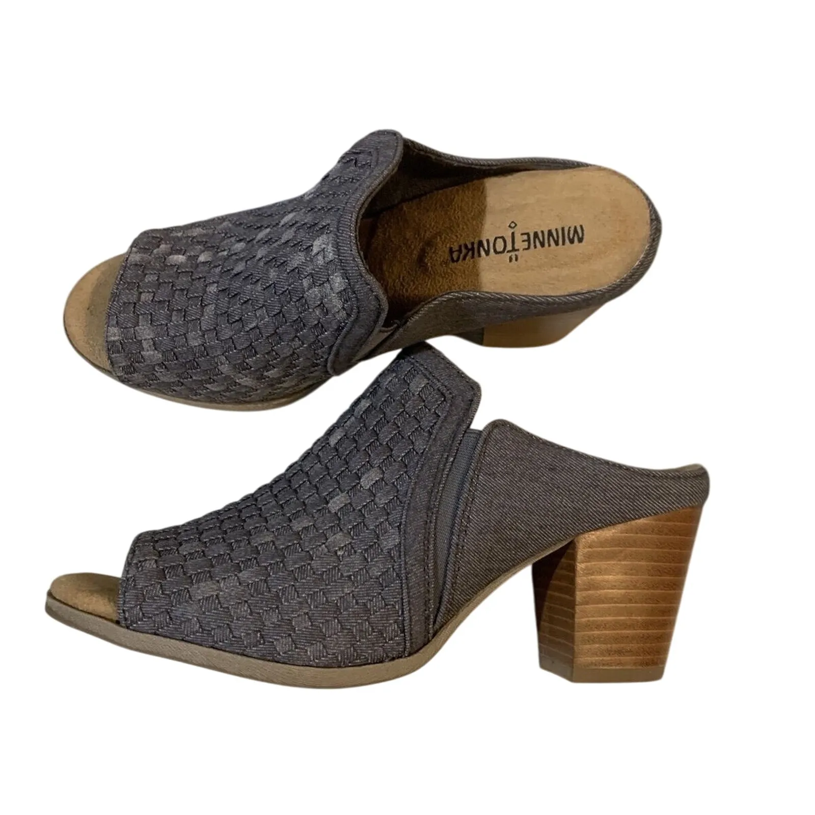 MINNETONKA Grey Denim Woven Mona Peep-toe Slide Heeled Sandal Size 10 / Euro 41 - Image 2